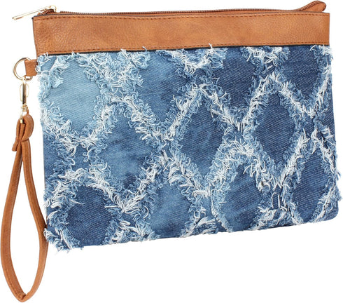 ZLM BAG US Women Distressed Denim Evening Purse Pu Leather Clutch Handbag Rhombus Pattern Wristlet Bag...