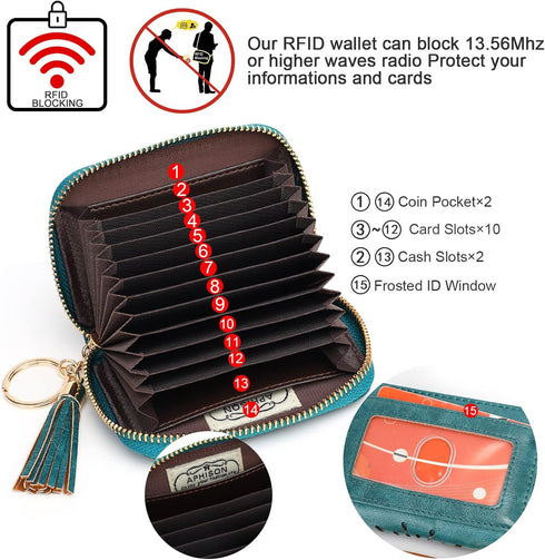 APHISON RFID Credit Card Holder Zipper Card Case Keychain Small Wallet for Women 1927 PEACOCK-BLUE...