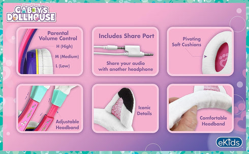 eKids Gabbys Dollhouse Headphones for Kids, Wired Headphones for School, Home or Travel, Tangle Free Toddler Headphones with Volume Control, 3.5mm...