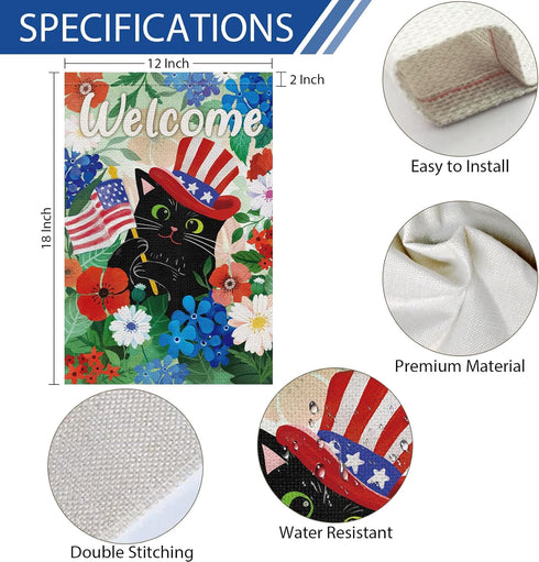 Welcome 4th of July Black Cat Garden Flag 12x18 Inch Double Sided Burlap, Patriotic USA Flag Memorial Day Flower Yard Flag for Independence Day Ou...