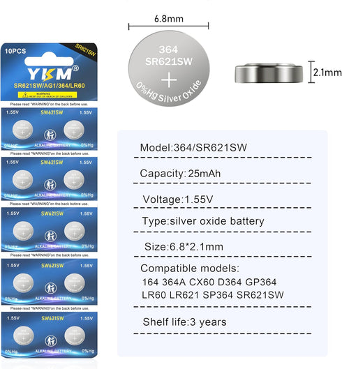 364 SR621SW Watch Battery AG1 364/363 LR621 V364 1.55V Silver Oxide Battery 10 Pack...