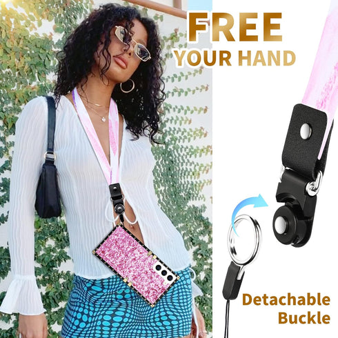 Loheckle for Samsung Galaxy S22 Case for Women Girls with Ring Stand Holder and Lanyard, Glitter Retro Luxury Glamour Cute Square Edges Bling Phon...