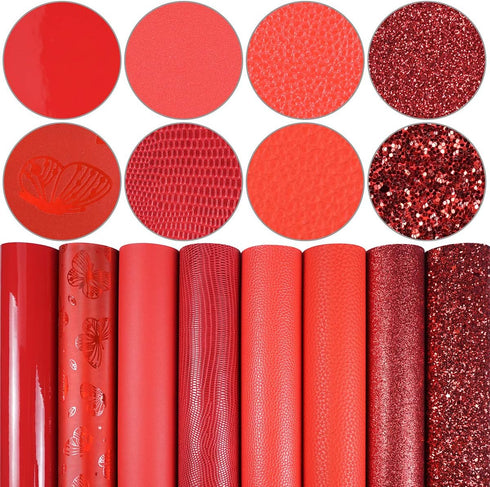 8 Pieces 8x12 Inch Faux Leather Sheets Red Fine Chunky Glitter Metallic Litchi Butterfly Patent Skin Lizard Texture Leather Fabric for Bows Earrin...
