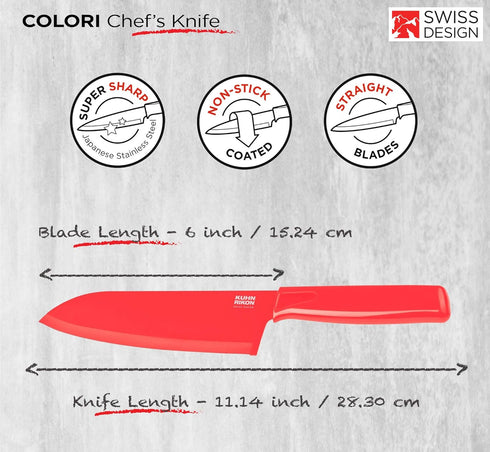 Kuhn Rikon Colori Chef’s Knife with Safety Sheath, 6 inch/15.24 cm Blade, Red...
