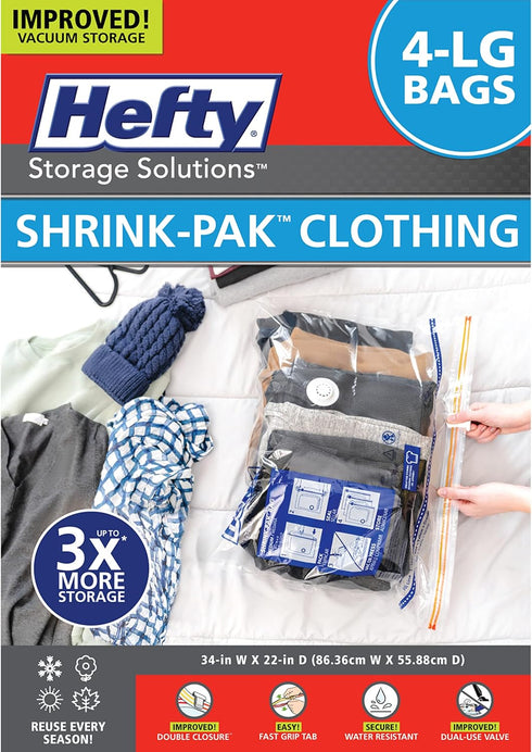 Hefty Shrink-Pak - 4 Large Vacuum Storage Bags for Storage for Clothes, Pillows, Towels, or Blankets - Space Saver Vacuum Sealer Bags Ideal Under ...