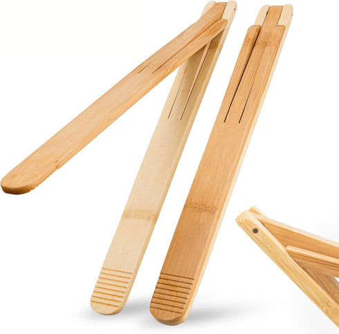 Bamboo Cooking Tongs (Set of 2) – 11” Foldable Kitchen Tongs with Space-Saving Design, Non-Scratch Grip for BBQ, Salad, Camping & Serving – Natura...