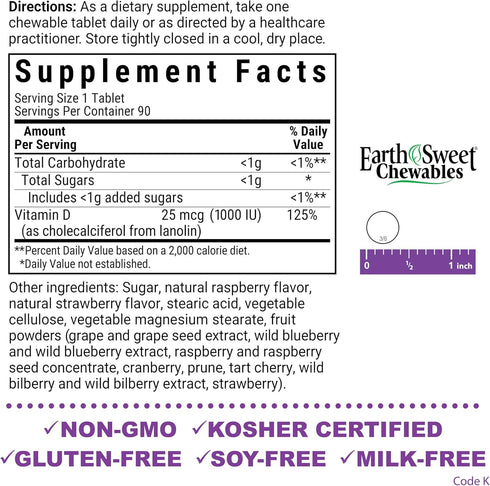 Bluebonnet Nutrition EarthSweet Vitamin D3 1000IU - Bone & Immune Support Supplement - Raspberry Chewable Vitamin D Supplement for Women & Men - S...