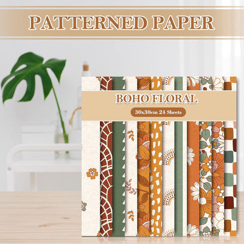 Whaline 24Pcs Floral Pattern Paper 30x30cm Retro Boho Rainbow Double-Sided Scrapbook Paper Hippie Groovy Craft Paper Folded Flat for DIY Backgroun...