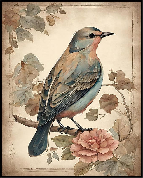 Posterizer 1 pcs- Green bird standing on a tree with wild pink flowers-Art for Animal Lovers-Floral Botanical Art-Gift for Men Women -Decor for Be...