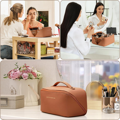 Travel Makeup Bag Large Capacity Cosmetic Bags Waterproof Toiletry Bag for Women Lay Flat PU Leather Makeup Bag with Divider and Handle Makeup Org...