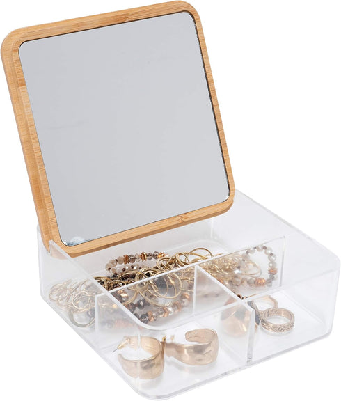 Simplify 3 Compartment Organizer with Bamboo Lid | Mirror | Perfect for Jewelry | Cosmetics | Accessories | Vanity & Countertop | Keepsake Storage...