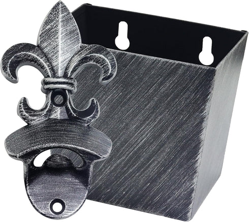 Fleur De Lis Beer Cap Opener Wall Mounted Bottle Opener with Cap Catcher Drainage Antique Silver...