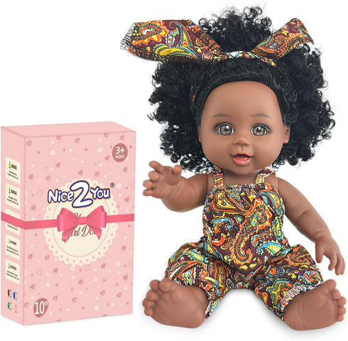Nice2you Black Baby Doll, 10 inch American African Black Girl Doll with Dress, Realistic Reborn Baby Doll for Kids aged 2 3 4 5 6, Silicone Small ...