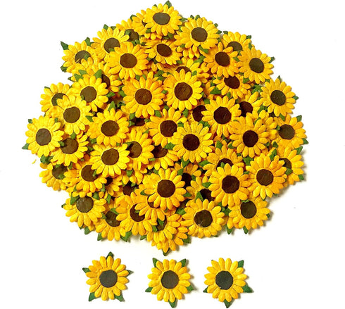 PLflower Set of 50 Tiny Sunflowers Mulberry Paper Craft Supplies Scrapbook Card Flower Embellishments Size 0.55 inches Very Small Craft Handmade W...