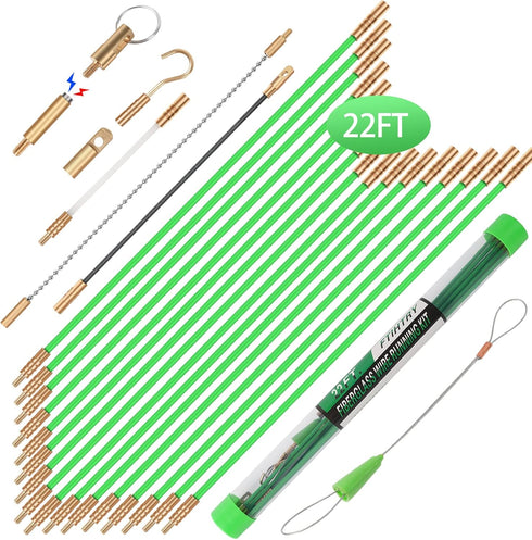 22FT Fiberglass Running Electrical Wire Cable Glow Rods Wire Pulling, Fish Rods Electrical Kit with 8 Different Attachments and Fish Tape Wire Pul...