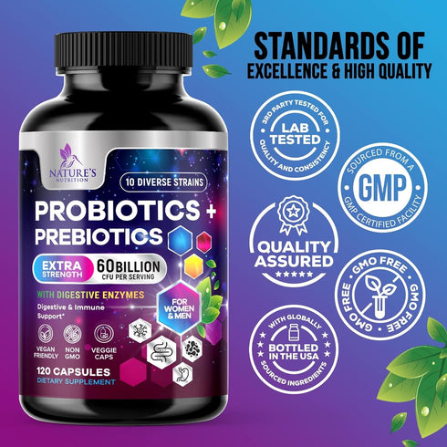 Daily Probiotic and Prebiotic Supplement 60 Billion CFU Capsule for Women & Men - 10 Diverse Strains - Acidophilus Prebiotics & Probiotics for Dig...