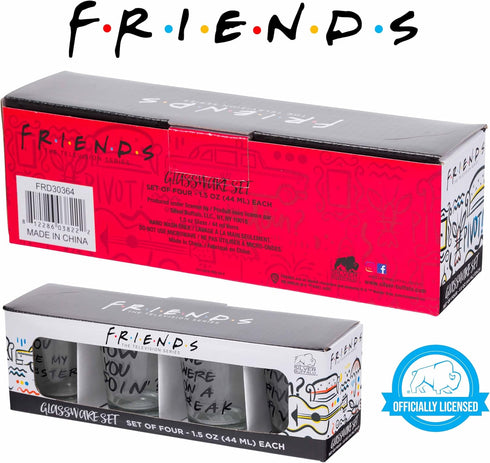 Silver Buffalo Friends Iconic Quotes "You're My Lobster," "How You Doin'" "Pivot," and "We Were On A Break!" 4 Pack Mini Glasses, 1.5 Ounces...