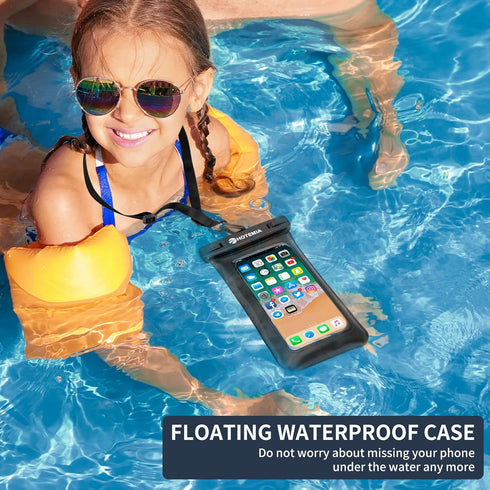 Waterproof Cell Phone Pouch Floating, Float Phone Case Dry Bag with Neck Lanyard and Armband, Fits iPhone and All Cell Phones(Plus Size, Black Flo...