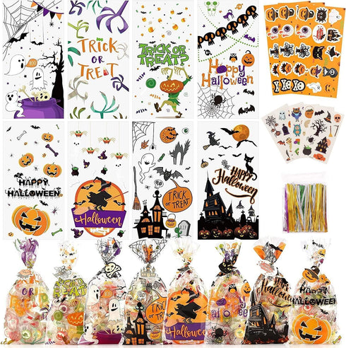 HalloweenCandy Bags Treats Bags, 200 PCSHalloween Cellophane Bags for Kids Treat or Trick Party Supplies, 8 Styles HalloweenGoodies Bags Gift Bags...