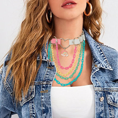 Navoky Punk Leather Choker Multilayered Acrylic Chain Heart Circle Necklace Gothic Layered Chain Collar Metal Ring Necklaces Adjustable Party Rave...
