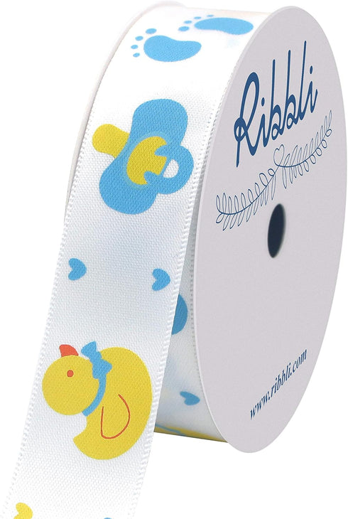 Ribbli Satin Blue Rubber Ducky Craft Ribbon,7/8-Inch x 10-Yard,Blue/White/Yellow,Use for Hair Bows,Wreath,Birthday,Baby Shower,Diaper Cake,Gift Wr...