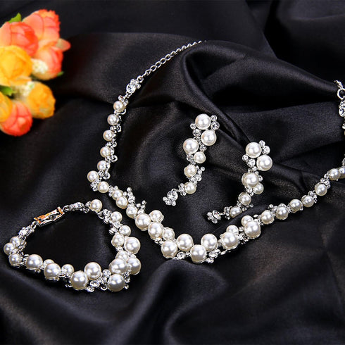 EVER FAITH Simulated Pearl Crystal Bridal Necklace Earrings Bracelet Set Clear...