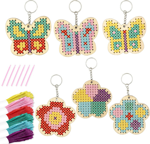 VKPI Wooden Cross Stitch Kits for Kids, Make Your Own 6 Cross Stitching Keyrings, Wood Sewing Kit, Arts & Crafts Butterfly, Flower Ornaments, Embr...