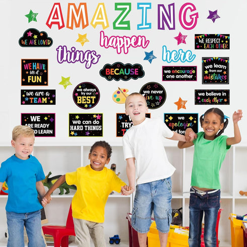 41Pcs Motivational Bulletin Board Decoration Amazing Things Happen Here Paper Cutouts with 100Pcs Glue Points Bulletin Border Stickers for Classro...