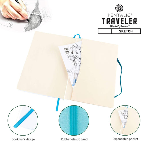 Pentalic 4" x 6" Pocket Sketchbook Traveler Journal, 160 Pages, Turquoise...