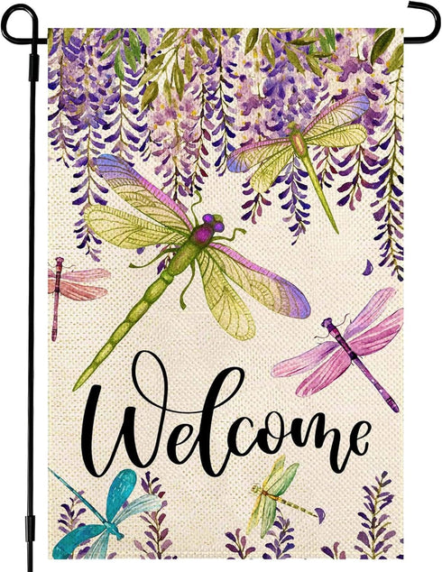 Welcome Summer Floral Sunflower Butterfly Dragonfly Bee Bird Garden Flag Double Sided 12x18 Inch Holiday Yard Flag(D)...
