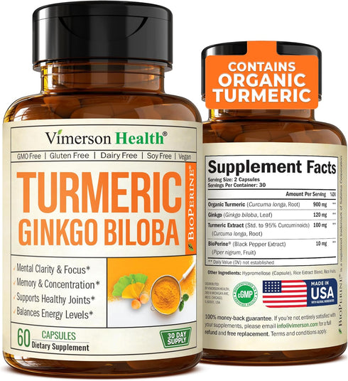 Turmeric Curcumin & Ginkgo Biloba Supplements with Bioperine Black Pepper - Vegan Joint Support Supplement with Organic Tumeric - Aids Brain Clari...