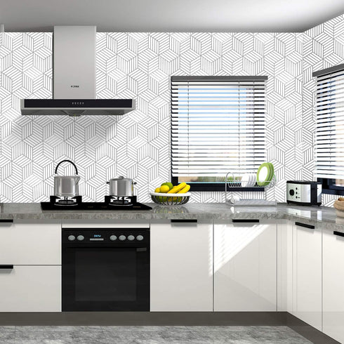 Mecpar Silver Geometric Hexagon Wallpaper 17.71"x 118" White and Silver Contact Paper Striped Wallpaper Peel and Stick Removable Self Adhesive Vin...