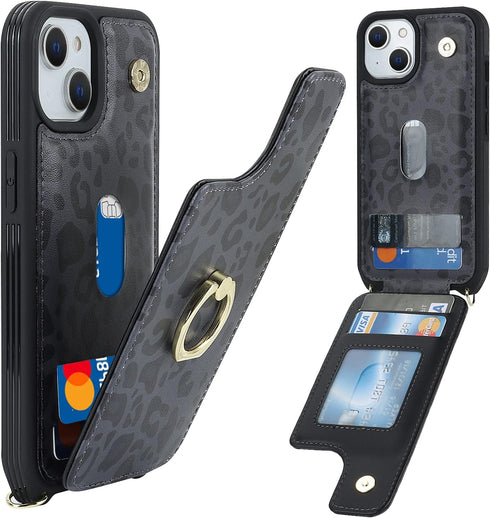for iPhone 13 Case with Card Holder for Women,iPhone 13 Phone Case with Strap,Crossbody Lanyard,Ring Stand,Snap Clasp,Cute Wallet Cases for iPhone...