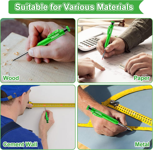 Hiboom 3 Pack Carpenter Pencils Set with 24 Refills, 2.8 mm Mechanical Carpenter Pencil Built in Sharpener Woodworking Marking Tool Solid Long Nos...