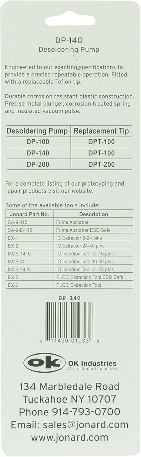 Jonard DP-140 Compact Desoldering Pump, 8" Length...