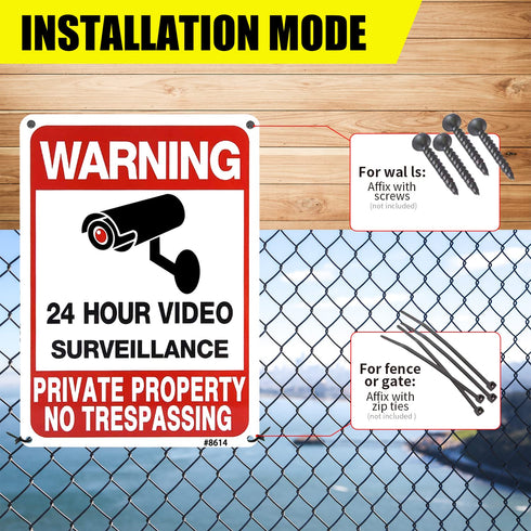4-Pack No Trespassing Signs Private Property, 10x7 Inch Aluminum 24-Hour Video Surveillance Signs Outdoor, Warning Signs for Property Security, Ho...
