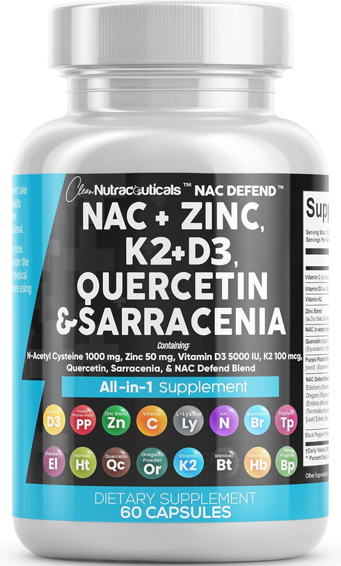 Clean Nutraceuticals NAC Supplement N-Acetyl Cysteine 1000mg Vitamin D3 K2 Zinc Quercetin 1000mg Sarracenia Purpurea 1000mg with Elderberry Holy B...