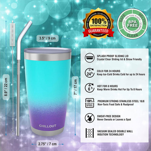 CHILLOUT LIFE 20 oz Stainless Steel Tumbler with Lid - Double Wall Vacuum Insulated Coffee Mug with Splash Proof Lid and Straw for Hot & Cold Drin...