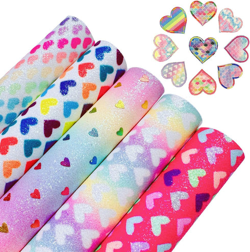 Shalun Heart Faux Leather Glitter PU Canvas Sheets 8x12inch Shiny Colorful Rainbow Printed Quilt Sewing Fabric Charm Pack for Applique Patches Cra...