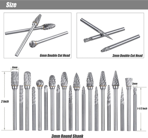 Yakamoz 20Pcs 3mm (1/8") Shank Carbide Burr Set, 3mm & 6mm Double Cut Rotary Files Burrs Die Grinder Bits Burs DIY Woodworking Tool for Wood Metal...