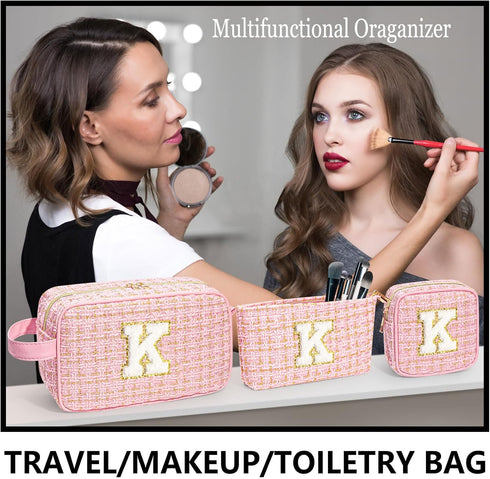 Initial Makeup Bag 3 Pieces Cute Make up Pouch Set -Pink Portable Makeup Brush Bag Travel Cosmetic Bag Multifunction Organizer Bag Monogram Person...