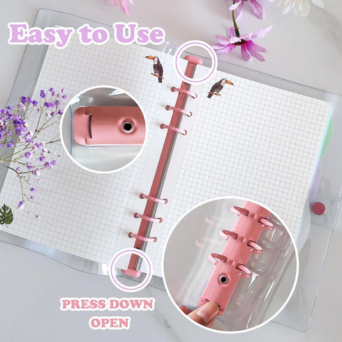 A5 Binder 6-Ring Clear Binder Notebook Cover, 2 Pack Pink + Blue Round Ring, A5 Planner Budget Binder with Snap Closure (A5, Clear Cover + Pink/Bl...