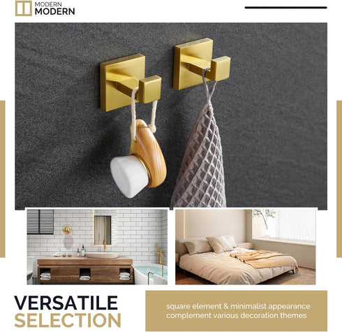 Angle Simple Towel Hook Brushed Gold 2 Pack, 304 Stainless Steel Square Robe Hook for Bathroom...