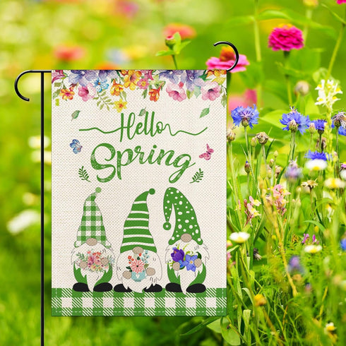 Hello Spring Cute Gnomes Floral Garden Flag Vertical Double Sided 12.5x18 Inch Welcome Spring Garden Flag Burlap Holiday Outdoor Decor...