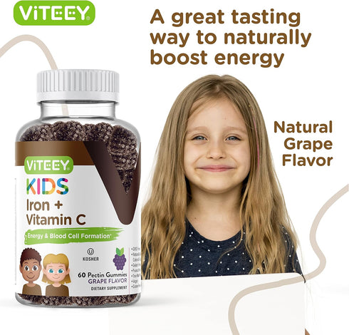 Iron Gummies for Kids with Vitamin C - Supports Energy, Blood Cell Formulation, Blood Builder Anemia Kids Iron Supplements - Vegan, Gelatin Free, ...