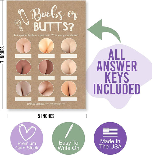 Hadley Designs Hilarious Baby Shower Games Set – 25 Double-Sided Cards for 25 Guests, Love or Labor and Boobs or Butts, Baby Shower Games Funny, G...