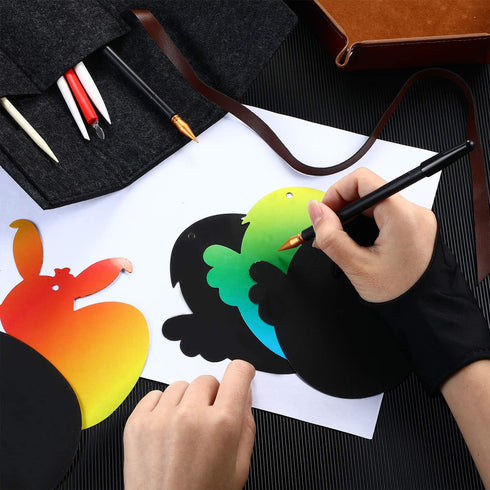 Scratch Painting Art Tool, 9 Pieces Scratching Drawing Tool Set, Including Artist Glove, Tool Bag, Scratch Coloring Pens, Plastic and Wooden Stylu...