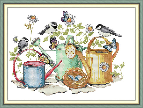 Aiorkeng Cross Stitch Kits Stamped Full Range of Embroidery Starter Kits for Beginners DIY 11CT 3 Strands -Printed Kits Bird and Kettle 43×33cm...