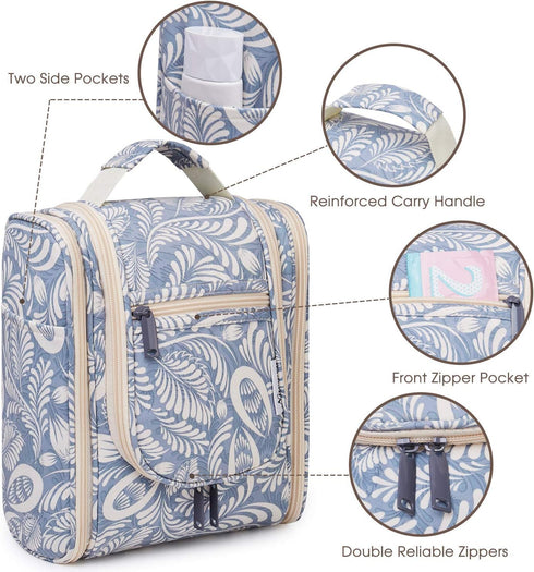 Narwey Hanging Toiletry Bag Women Travel Makeup Bag Organizer Toiletries Bag for Travel Size Essentials Accessories Cosmetics (Medium, Blue Leaf-1...