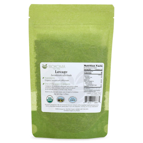 Pure and Organic Lovage Dried Leaves 50g (1.76oz) In Resealable Moisture Proof Pouch, USDA Certified Organic - Herbal Tea, No Additives, No Preser...